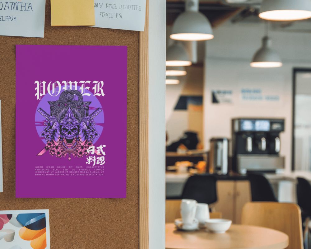 Cork Board Poster Mockup In Cozy Office Cafe Environment
