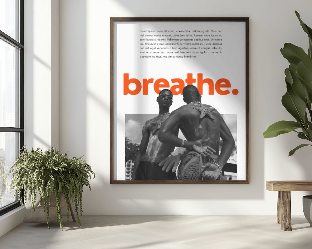 Large Framed Poster Mockup In Bright Room With Natural Light And Potted Plants