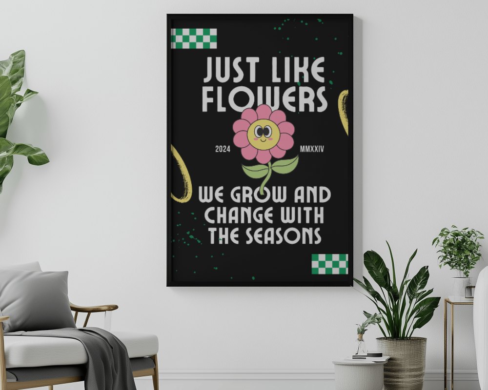 Black Framed Poster Mockup In Minimalist Interior With Potted Plants