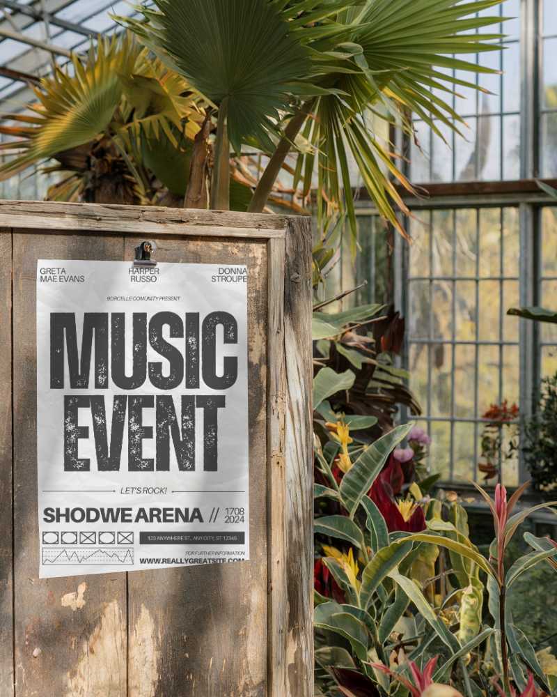 Wooden Frame Poster Mockup Showcasing A Minimalist Design Against A Greenhouse Backdrop With Natural Lighting And Tropical Plants