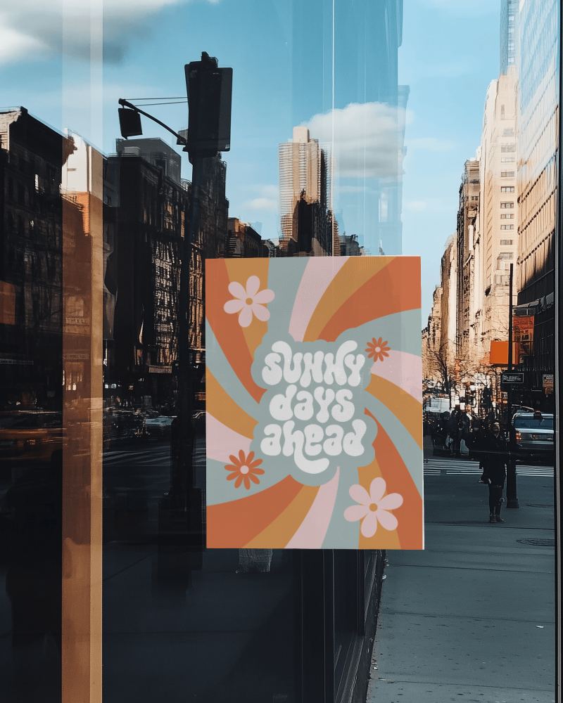 Window Glass Poster Mockup Reflecting City Street And Buildings For An Urban Advertising Display