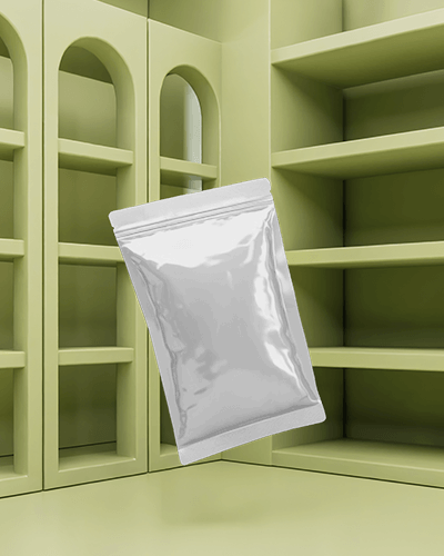 Floating Foil Pouch Mockup In Green 3d Arch Shelf Background With Modern Lighting