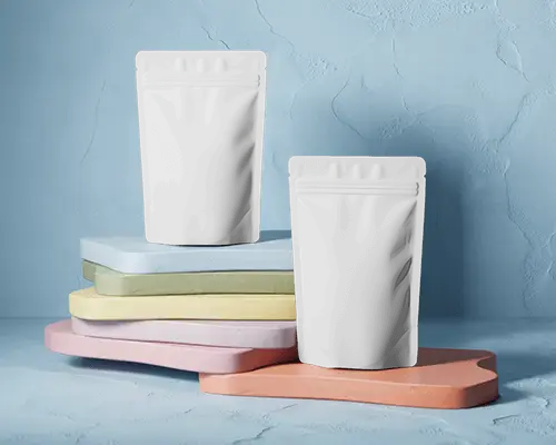 Pastel Platform Duo Pouch Mockup Against Textured Blue Wall Colorful Stack Playful Aesthetic