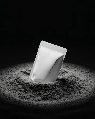 Tilted Pouch Mockup Embedded In Flour Circle Dark Moody Lighting For Baking Or Protein Theme