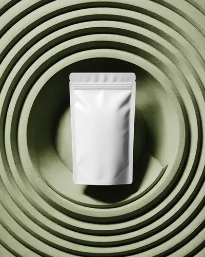 Centered Pouch Mockup In Textured Green Spiral Sand Garden Zen Inspired Studio Design