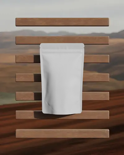 Wooden Plank Display Pouch Mockup Rustic Hiking Backdrop Warm Earthy Tones