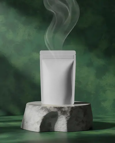 Smoky Aura Pouch Mockup On Stone Pedestal Against Textured Green Wall