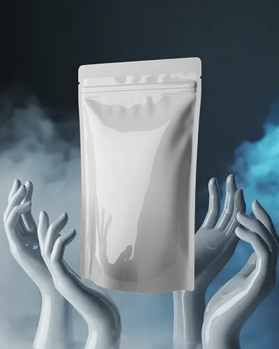 Floating Hands Holding Pouch Mockup Mystical Vapor Effect Dark Moonlit Scene