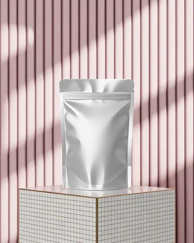 Soft Light Pouch Mockup On Grid Pedestal Pink Striped Background Sunny Shadow