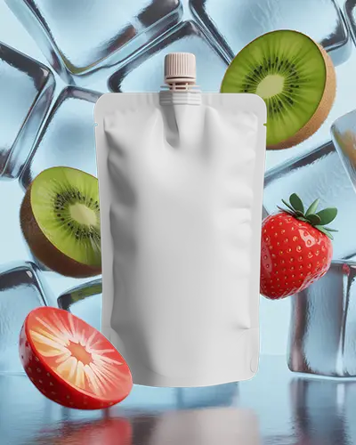 Fruity Pouch Mockup Floating With Ice Kiwi And Strawberry Cool Refreshing Theme