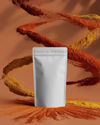 Spices Explosion Pouch Mockup Paprika And Turmeric Swirls In Warm Vibrant Action Shot
