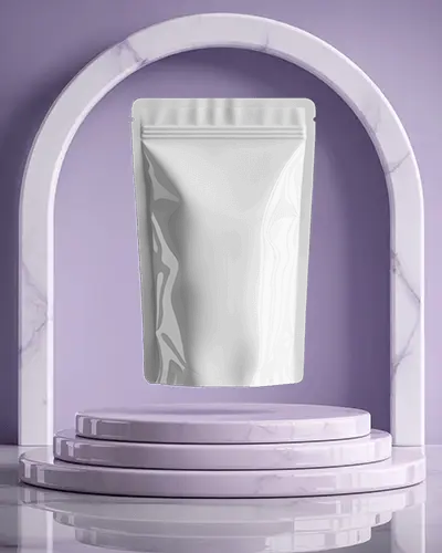 Marble Podium Arched Hall Pouch Mockup Glossy Pack Centered In Purple Themed Display