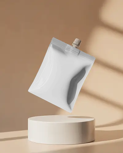 Angled Floating Spout Pouch On Cream Podium Soft Shadows And Golden Beige Studio Scene