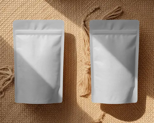 Sunlit Flatlay Dual Pouch Mockup On Woven Fiber Mat Soft And Natural Aesthetic Touch