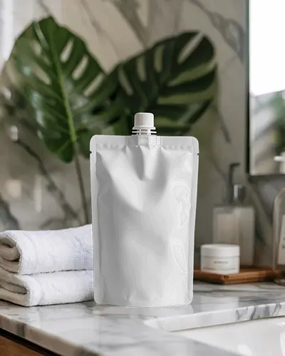 Spa Bathroom Pouch Mockup On Marble Sink With Towels Greenery And Toiletry Aesthetic