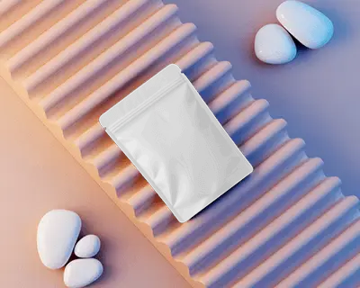 Pastel Zen Pouch Mockup Flat Lay On Ribbed Podium Stones And Gradient Serene Backdrop
