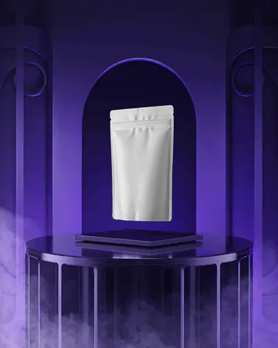 Futuristic Spotlight Pouch Mockup Glowing Arches Dark Purple Scene Floating Display