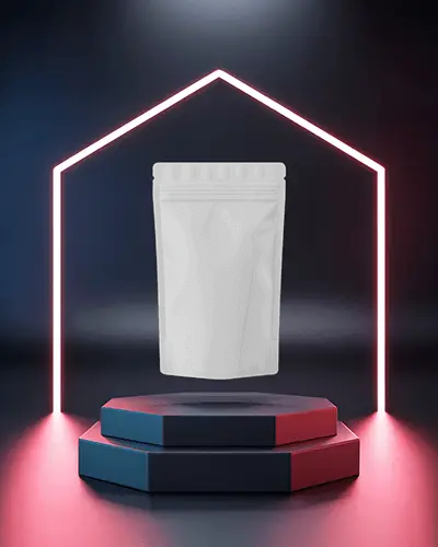 Floating Stand Up Pouch Mockup On Neon Lit Podium In Dark Futuristic Studio Setup