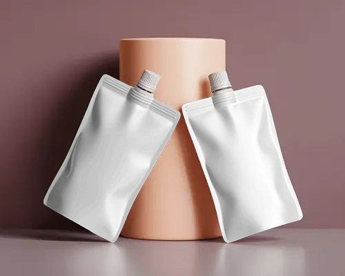 Dual Pouch Mockup Tilted Against Peach Cylinder In Pink Minimal Cosmetic Setting