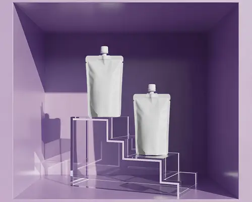 Twin Pouch Mockup On Glass Stairs Vibrant Lavender Box With Hard Shadow Light Play