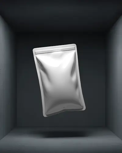 Dark Shadow Floating Pouch Mockup Inside 3d Box Studio With Moody Lighting