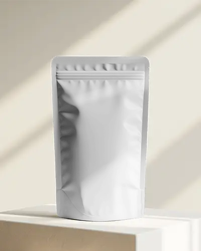 Sunlit Studio Pouch Mockup Standing On Pedestal With Soft Warm Beige Shadows