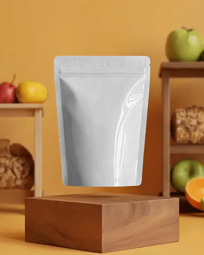 Floating Pouch Mockup On Wooden Block With Orange Kitchen Background And Fruits