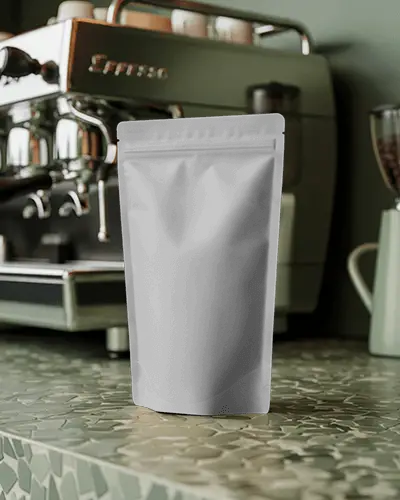 Standing Matte Pouch Mockup On Terrazzo Tabletop In Coffee Shop Setting With Espresso Machine