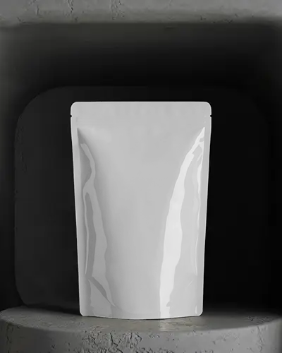 Glossy Pouch Mockup On Round Cement Podium Inside Moody Dark Arched Room For Luxury Packaging