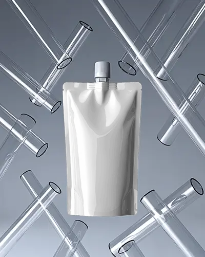 Spout Pouch Mockup Floating Among Transparent Test Tubes In Laboratory Science Inspired Scene