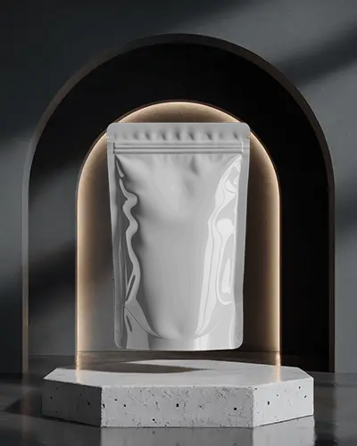 Luxury Pouch Mockup In Arched Niche With Backlit Light On Cement Stage