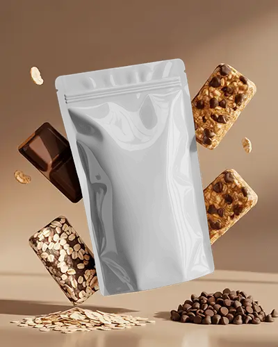 Floating Pouch Mockup With Oats Choco Chips Protein Bar Surround