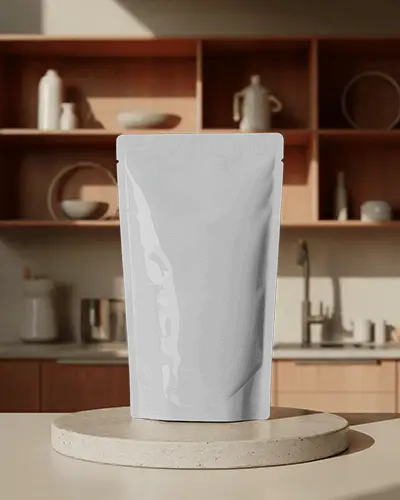 Natural Light Pouch Mockup On Circular Stone Slab With Kitchen Shelf Background