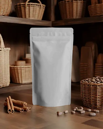 Rustic Basket Store Pouch Mockup On Wooden Floor With Cocoa And Cinnamon