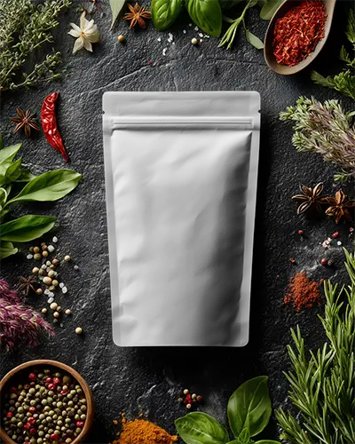 Resealable Flexible Spice Pouch Mockup With Herbs And Peppercorns For Packaging Design