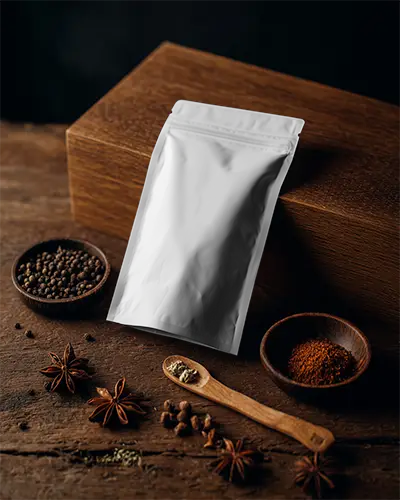 Resealable Stand Up Pouch Mockup For Spices Packaging Design Presentations