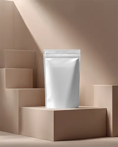 Matte Pouch Mockup On Beige Steps With Soft Lighting For Minimalist Coffee Or Snack Branding