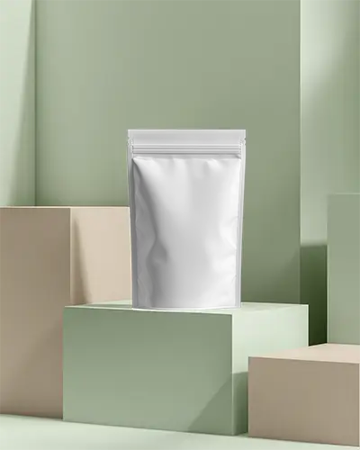 Minimal Standing Pouch Mockup On Soft Pastel Blocks With Clean White Packaging Front View