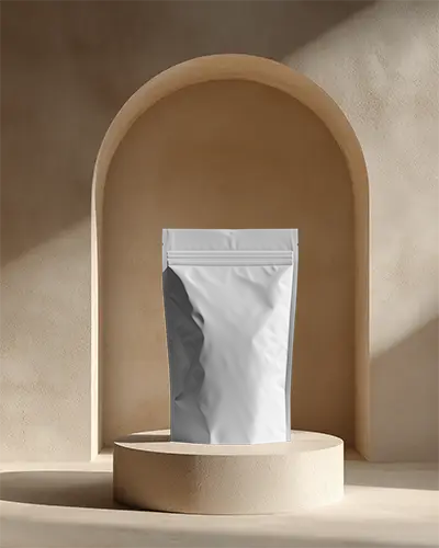 Matte Finish Zipper Pouch Mockup On Geometric Pedestal In Sunny Luxury Neutral Environment