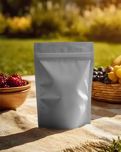 Resealable Stand Up Pouch Mockup For Packaging Design Display With Outdoor Background