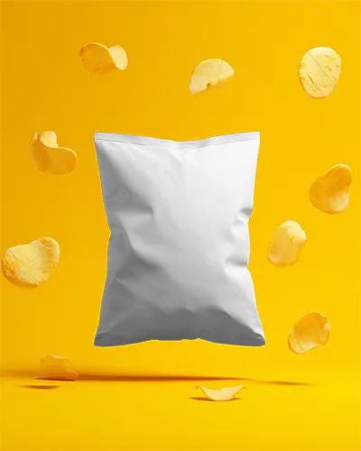 High Quality Snack Pack Pouch Mockup With Floating Potato Chips On Bright Background