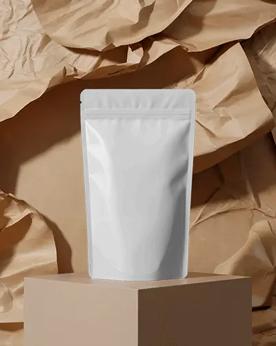 crumpled-paper-background-pouch-mockup-minimal-display-on-pedestal-in-soft-brown-aesthetic