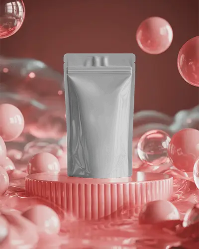 Glossy Pouch Mockup With Digital Bubbles Background Food Packaging Display