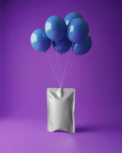 Premium Flexible Pouch Mockup With Floating Balloons For Product Presentation
