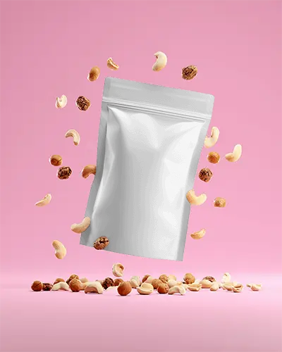 Blank Matte Pouch Mockup Surrounded By Nuts Floating On Pastel Backdrop