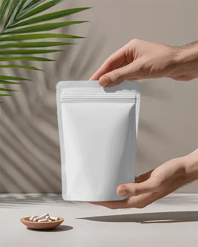 Resealable Stand Up Pouch Mockup For Health Supplements Packaging Design Presentation
