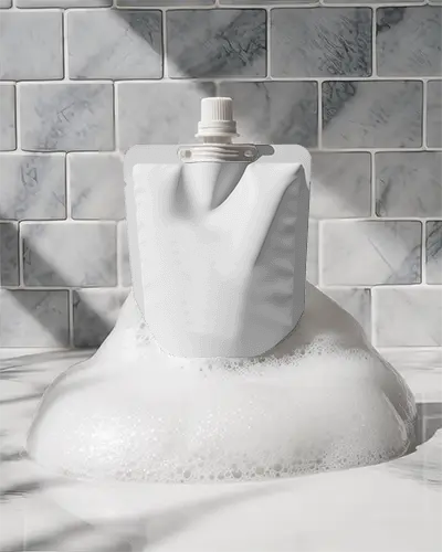 Reusable Squeeze Pouch With Spout Foam Bubble Background Liquid Packaging Container Mockup