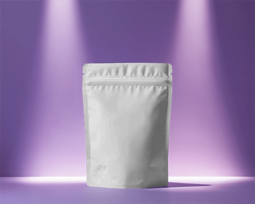 Spotlit Pouch Mockup On Purple Stage With Dual Light Beams Dramatic And High End Product Showcase