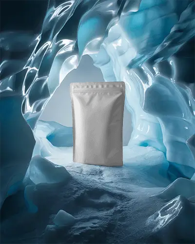Matte Standup Pouch Packaging Mockup On Ice Cave Background For Product Display