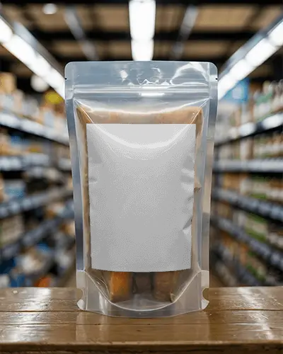 Resealable Standing Pouch Mockup For Food Packaging Display On Wooden Surface